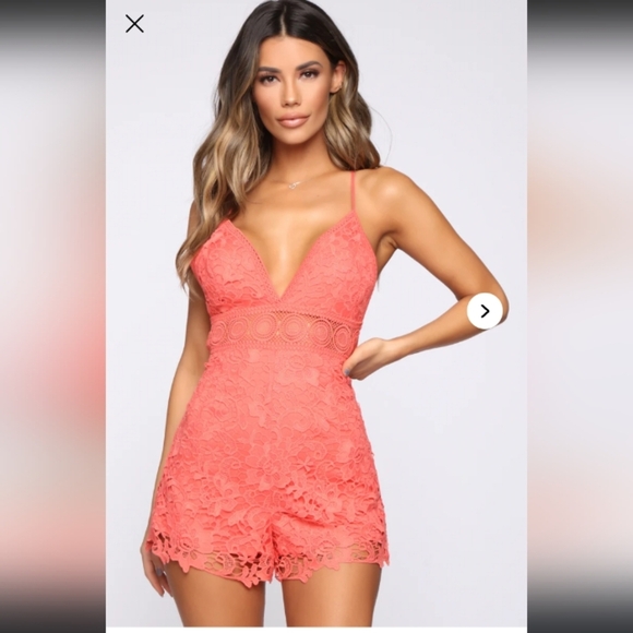 Fashion Nova Pants - Fashion Nova Vibrant Coral (Orange/Pink) Lace Romper Size Large